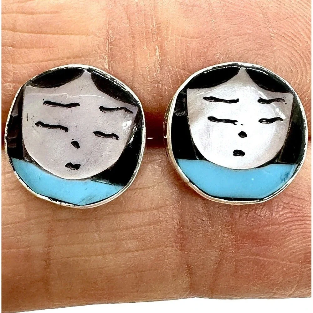 Zuni Inlay Indian Maiden Stud Earrings Turquoise Signed Joyce Waseta Woman Face